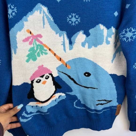 Tipsy Elves Narwhal Penguin Blue Ugly Mistle Toe Christmas Sweater size Medium - Picture 4 of 9